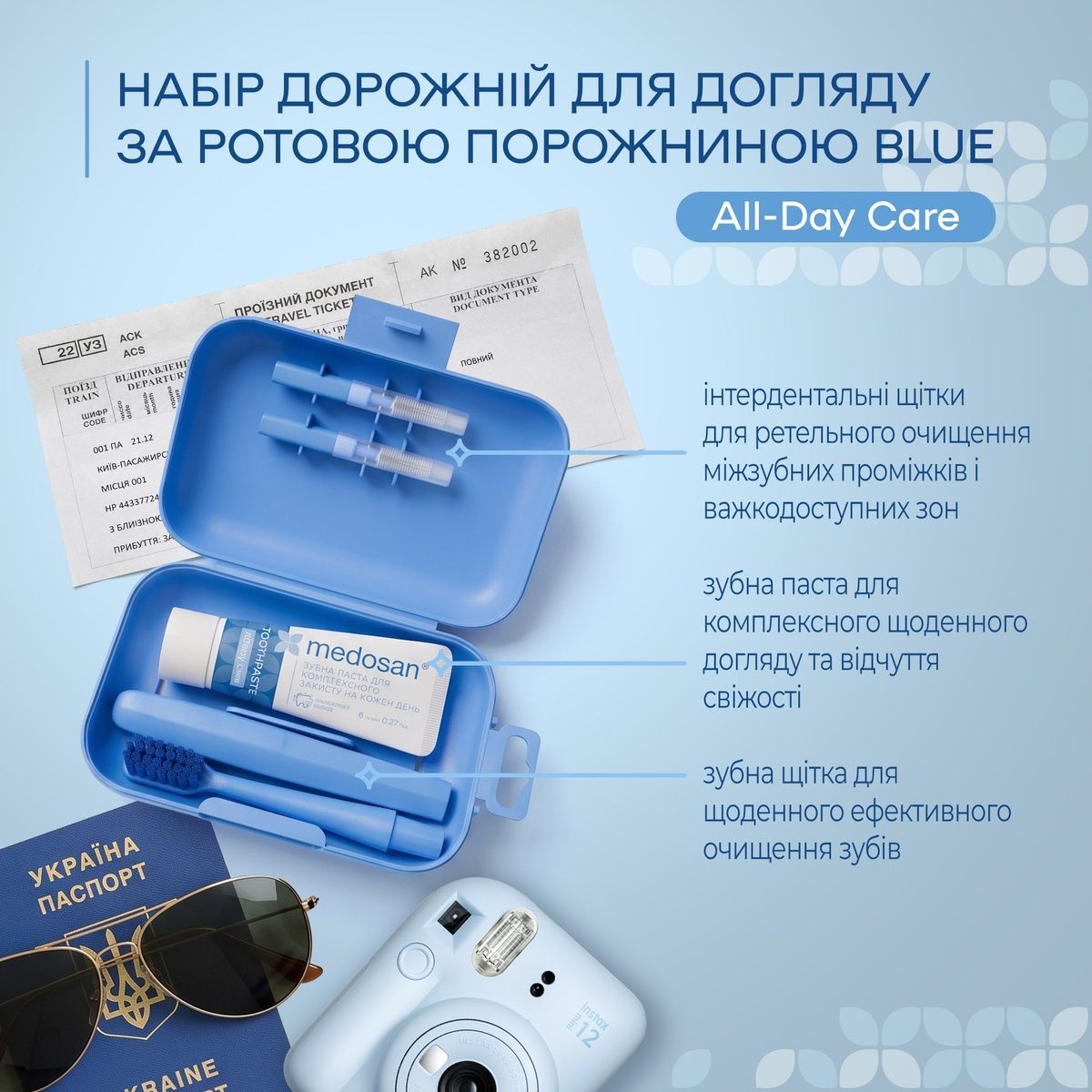Набор дорожный для ухода за полостью рта Blue All-Day Care Medosan 4823109414457 фото